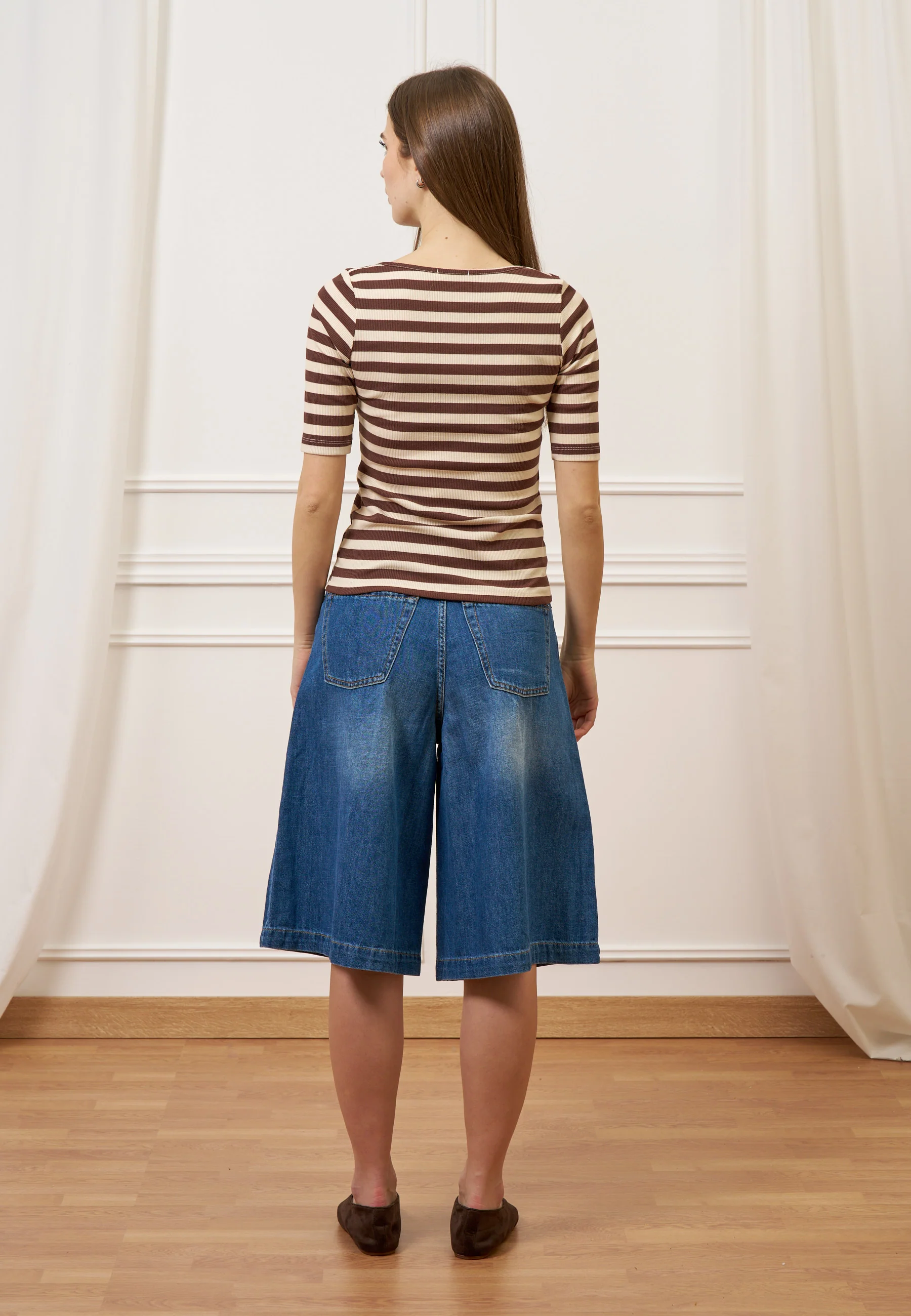 T-shirt a righe in costine stretch - MARRONE - Image 5