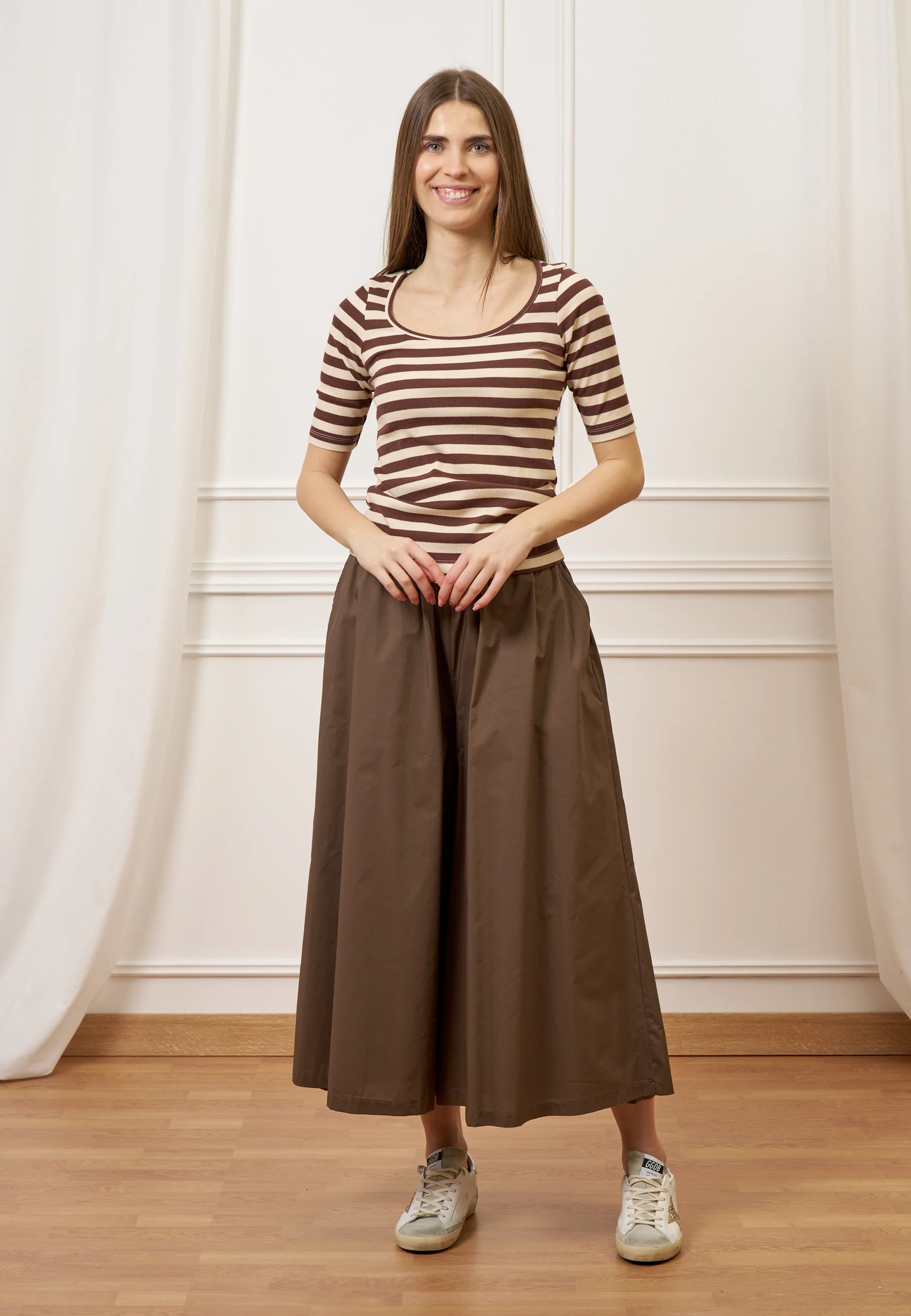 T-shirt a righe in costine stretch - MARRONE - Image 8