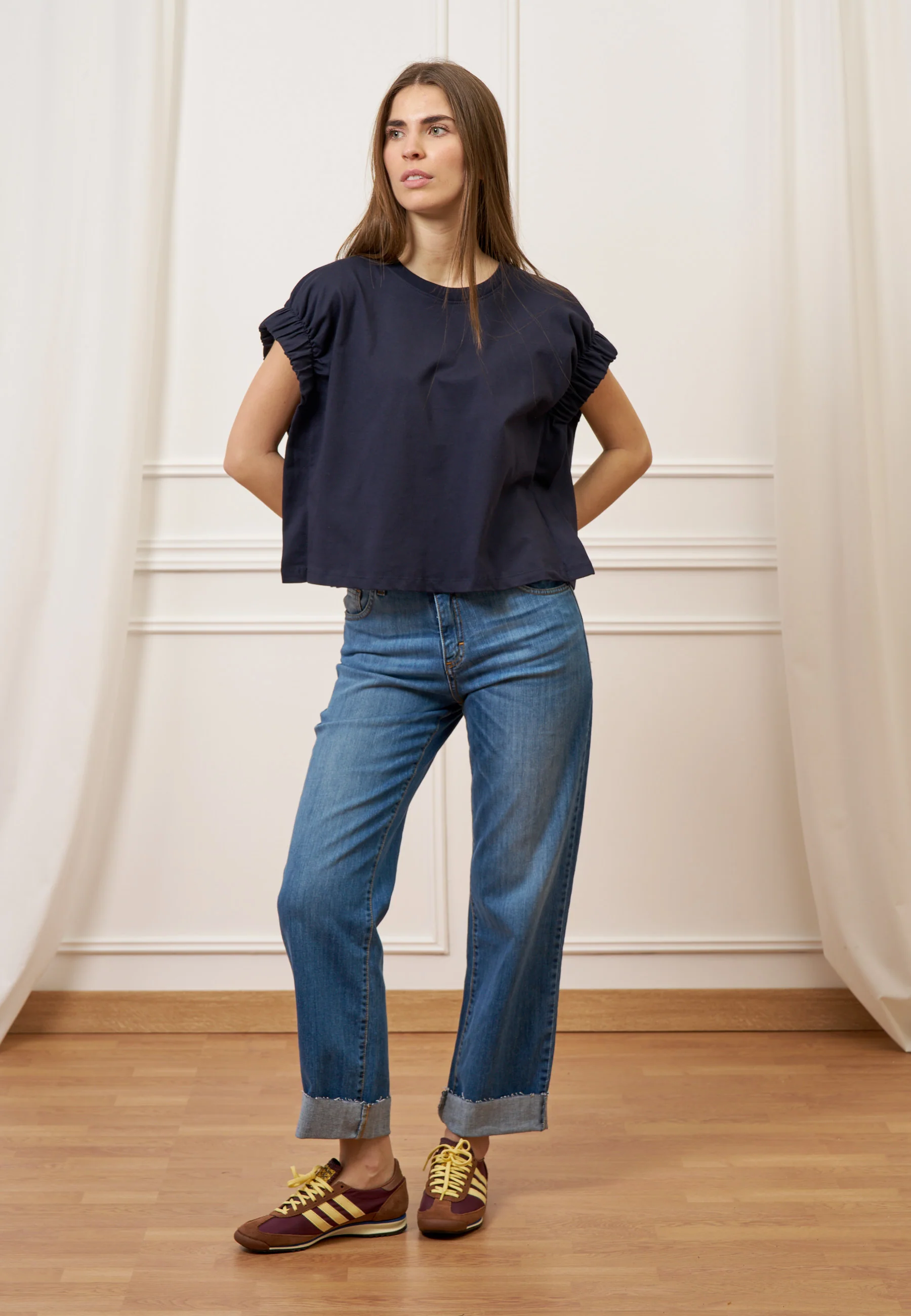 T-shirt con maniche arricciate - BLU - Image 3
