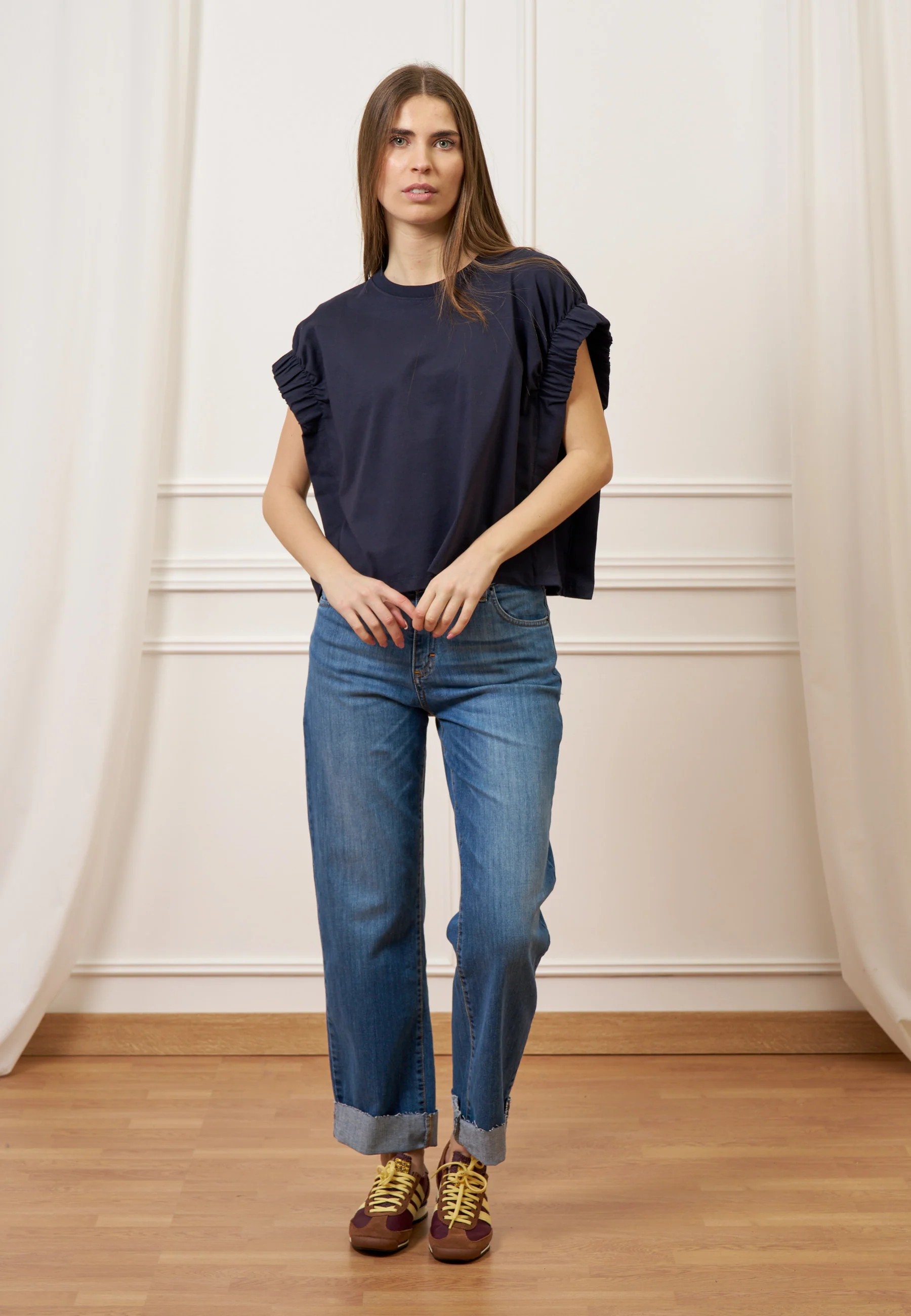 T-shirt con maniche arricciate - BLU - Image 4