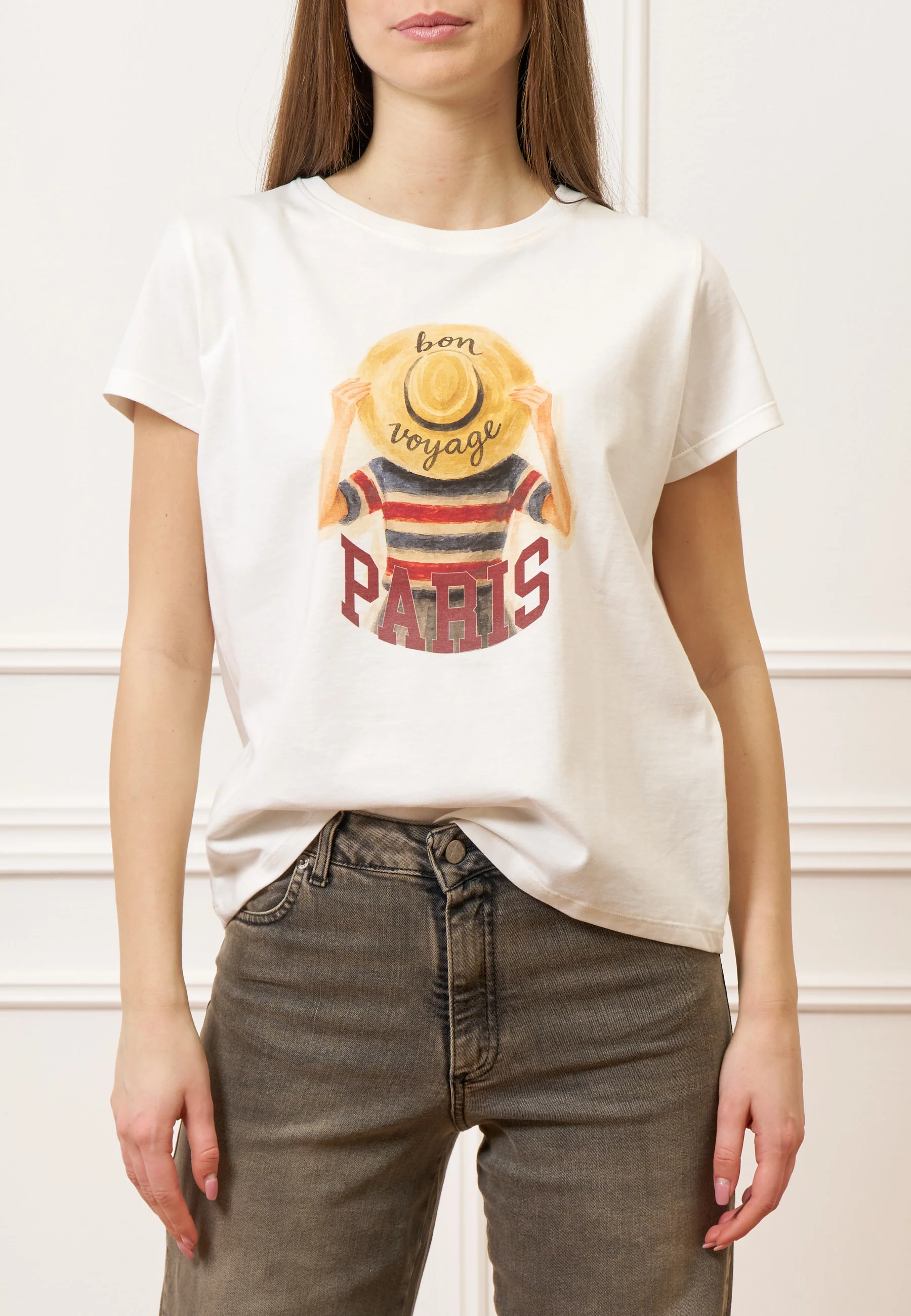T-shirt con stampa cappello paglia - AVORIO