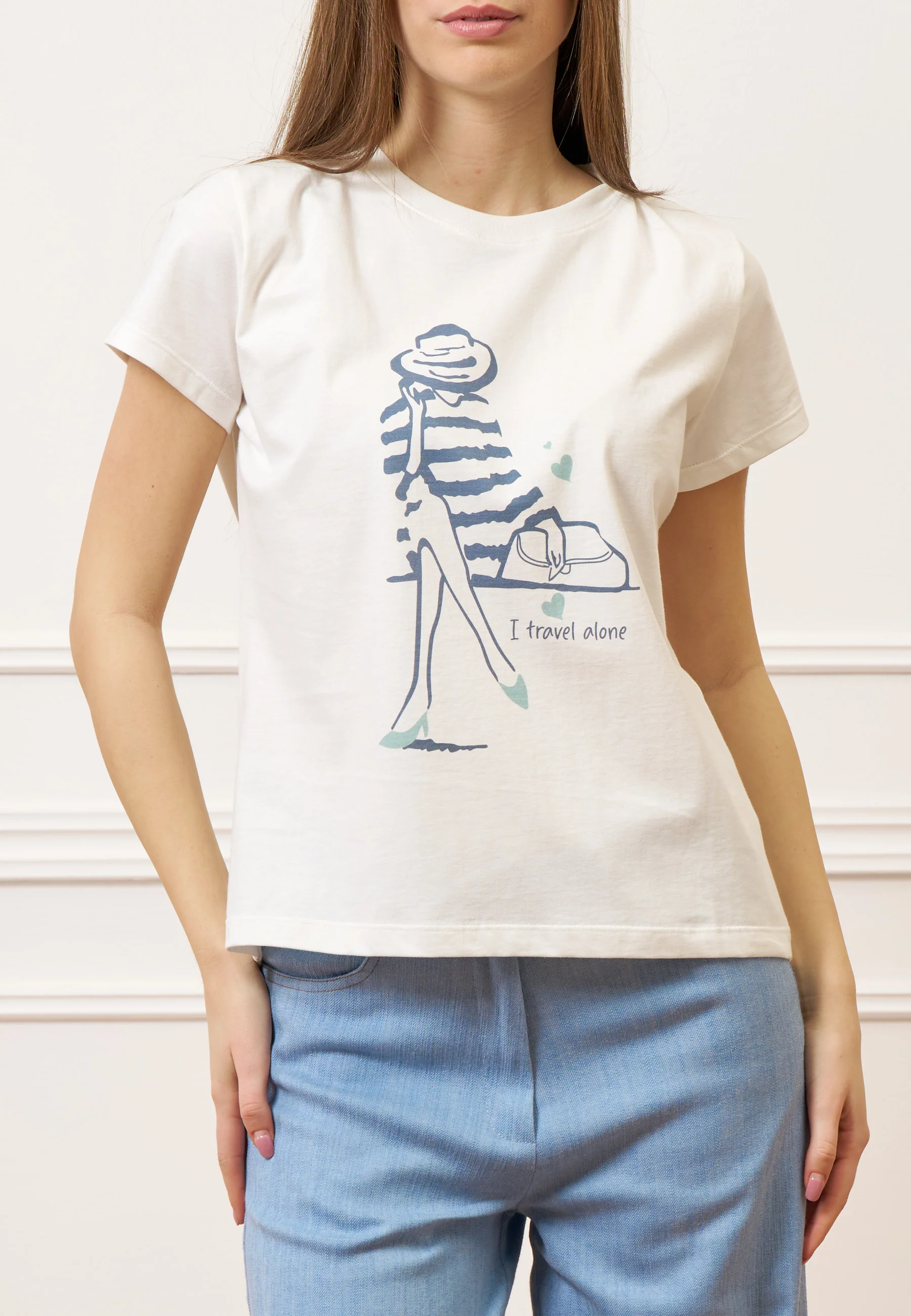 T-shirt con stampa donna righe - AVORIO - Image 2