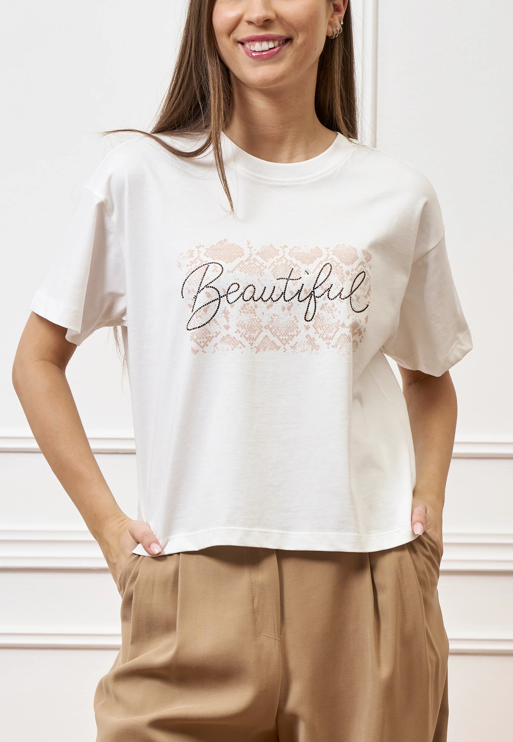 T-shirt con stampa e scritta strass - AVORIO - Image 3