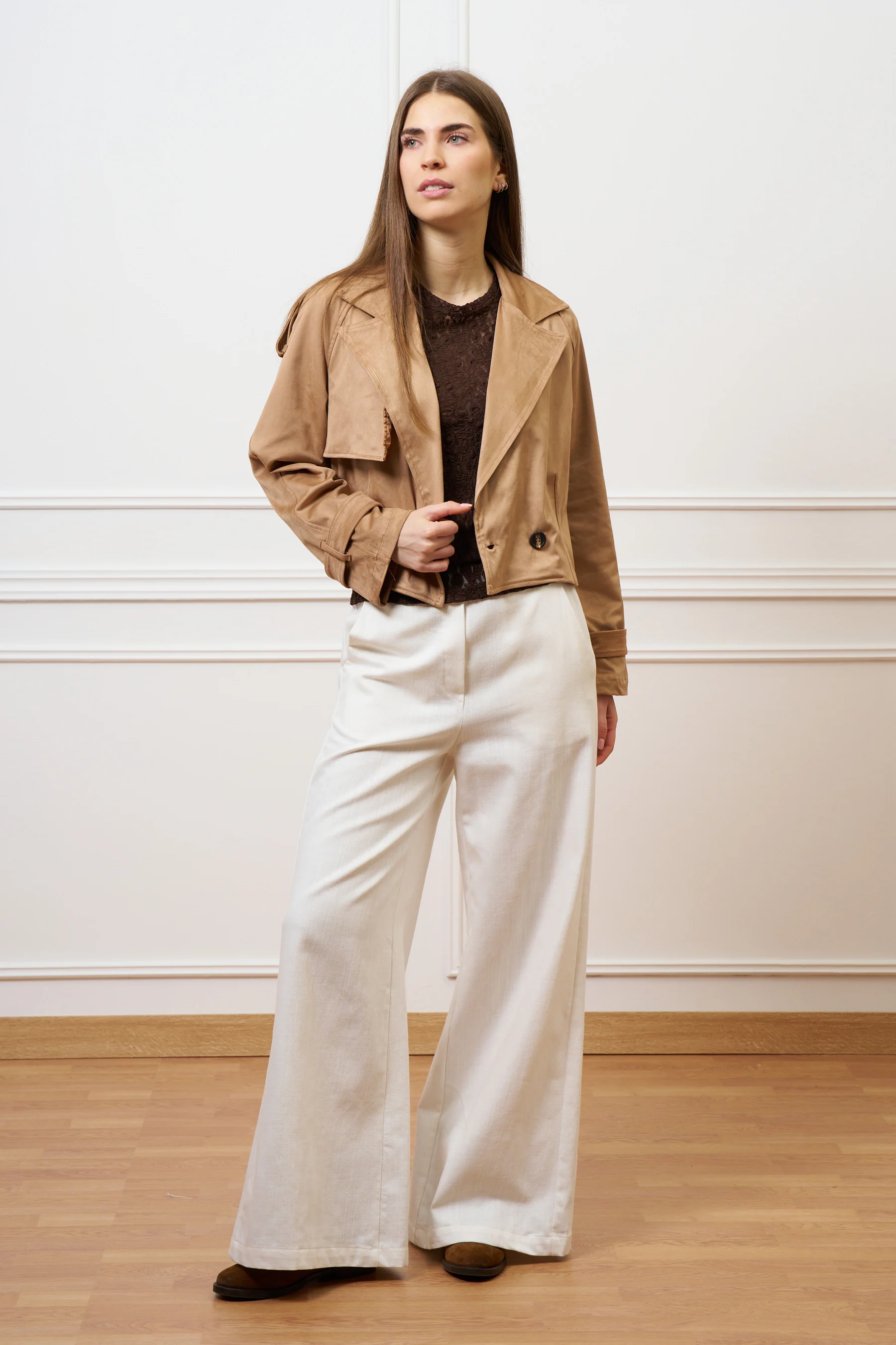 T-shirt in pizzo stretch maniche trequarti - MARRONE - Image 7
