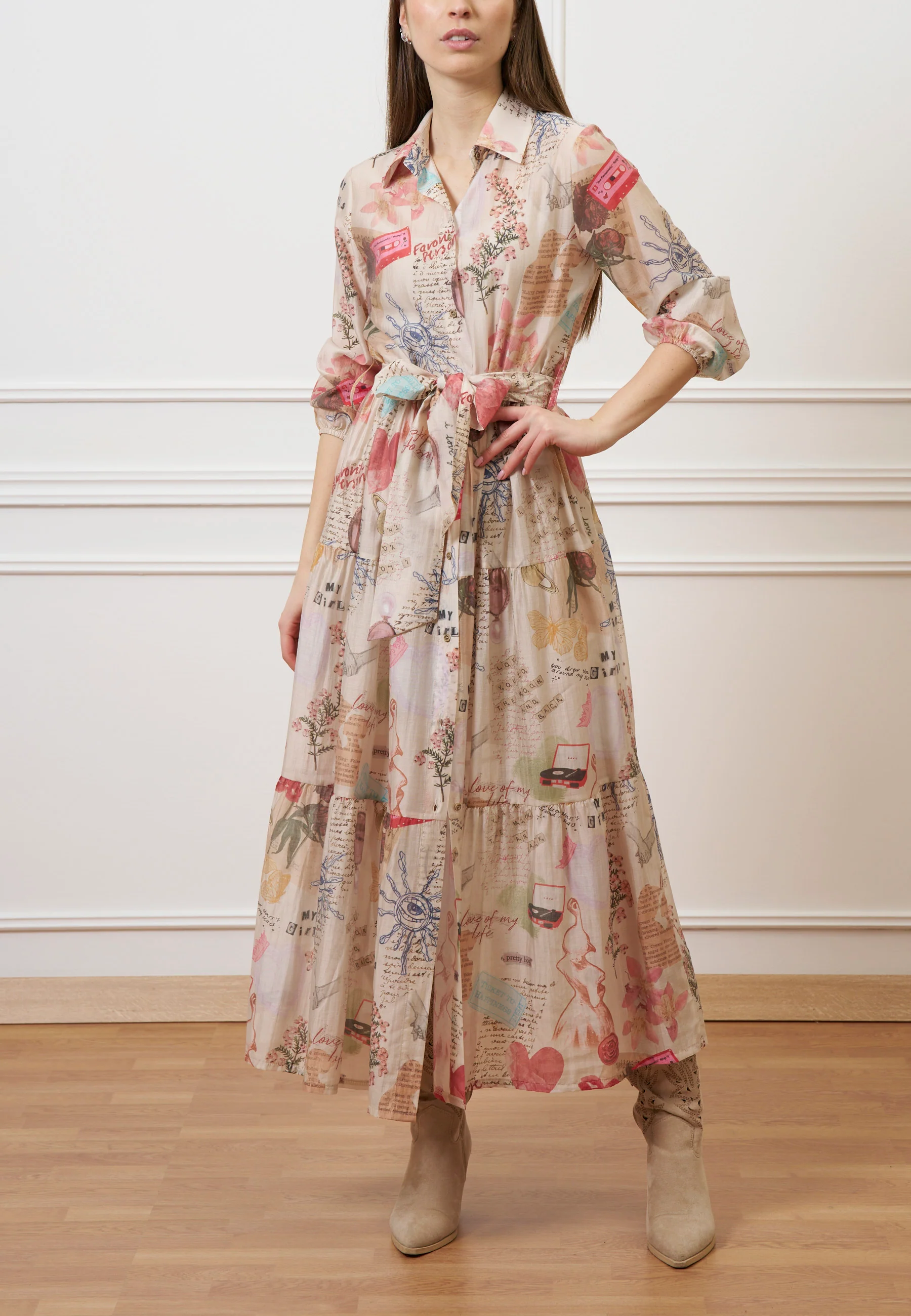 Vestito lungo chemisier con cintura - AVORIO/ROSA - Image 4