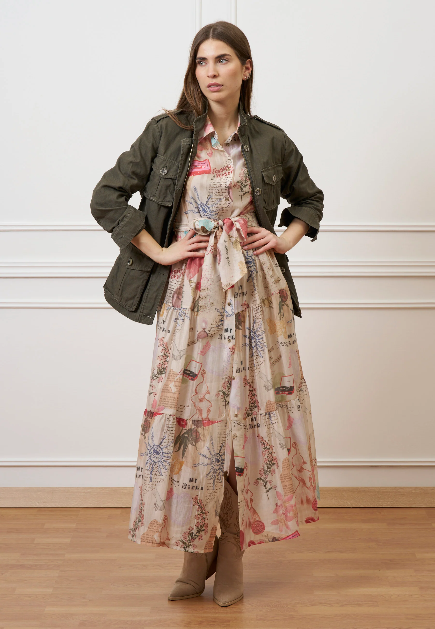 Vestito lungo chemisier con cintura - AVORIO/ROSA - Image 6