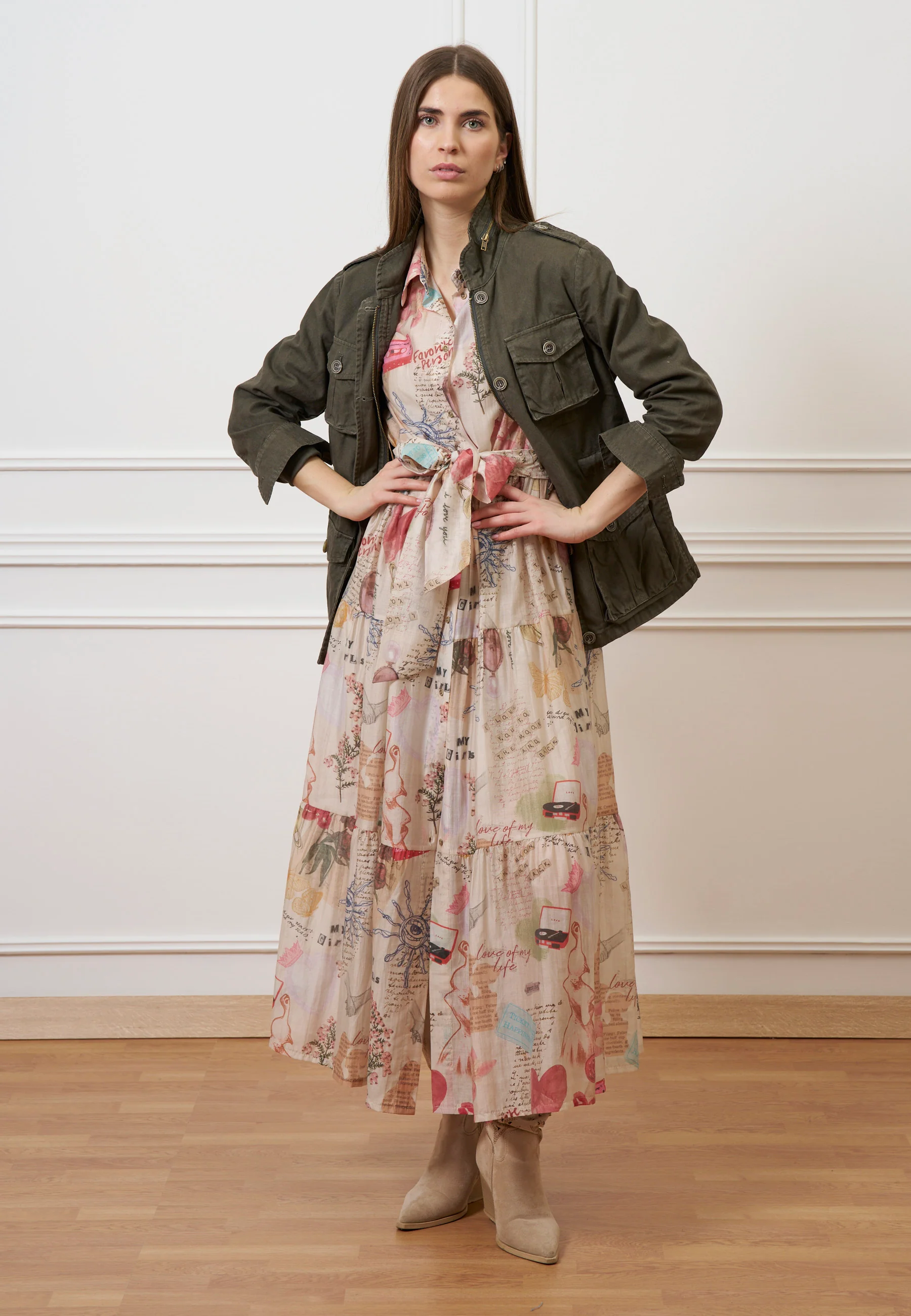Vestito lungo chemisier con cintura - AVORIO/ROSA - Image 7