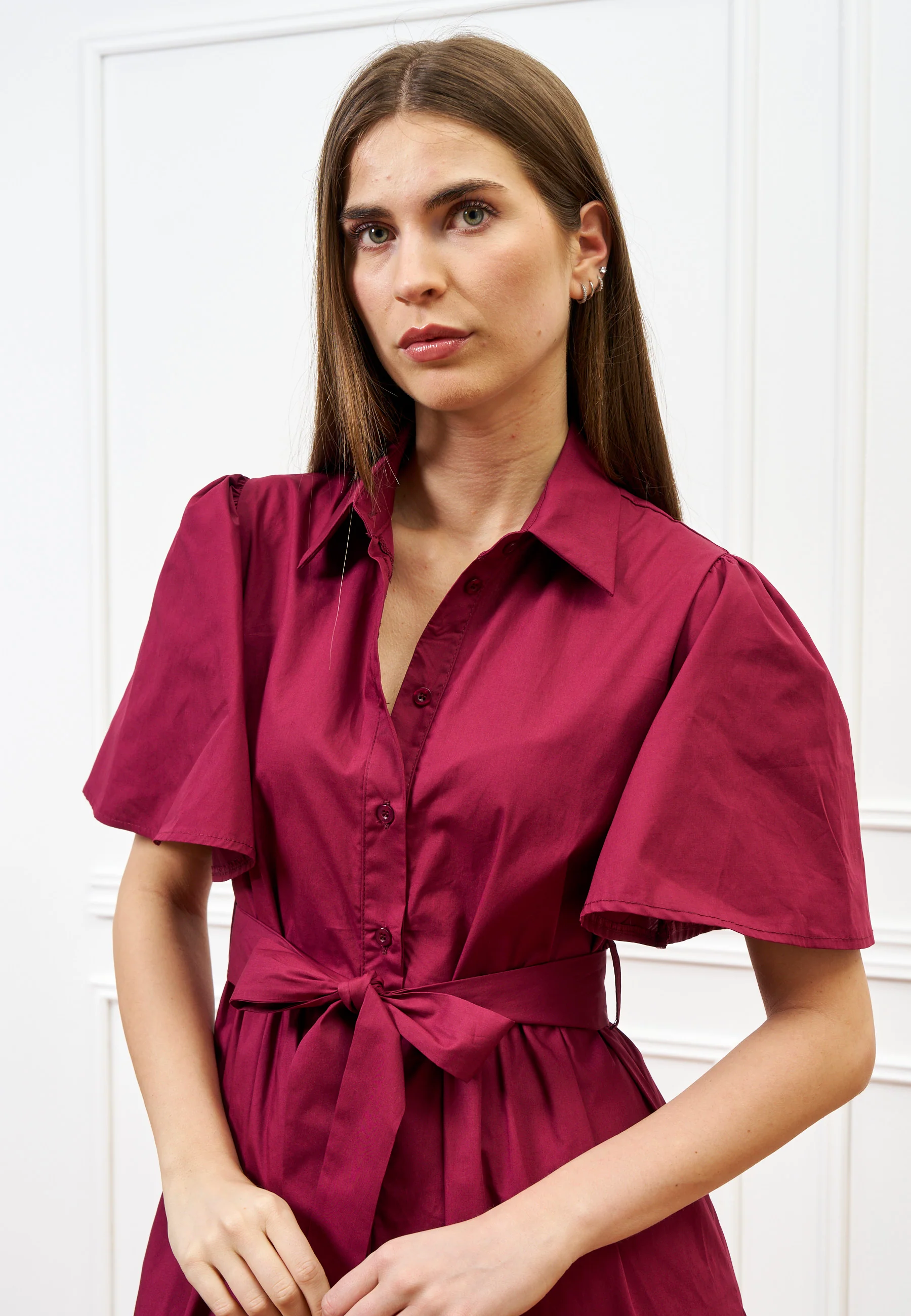 Vestito lungo chemisier in cotone - BORDEAUX - Image 3
