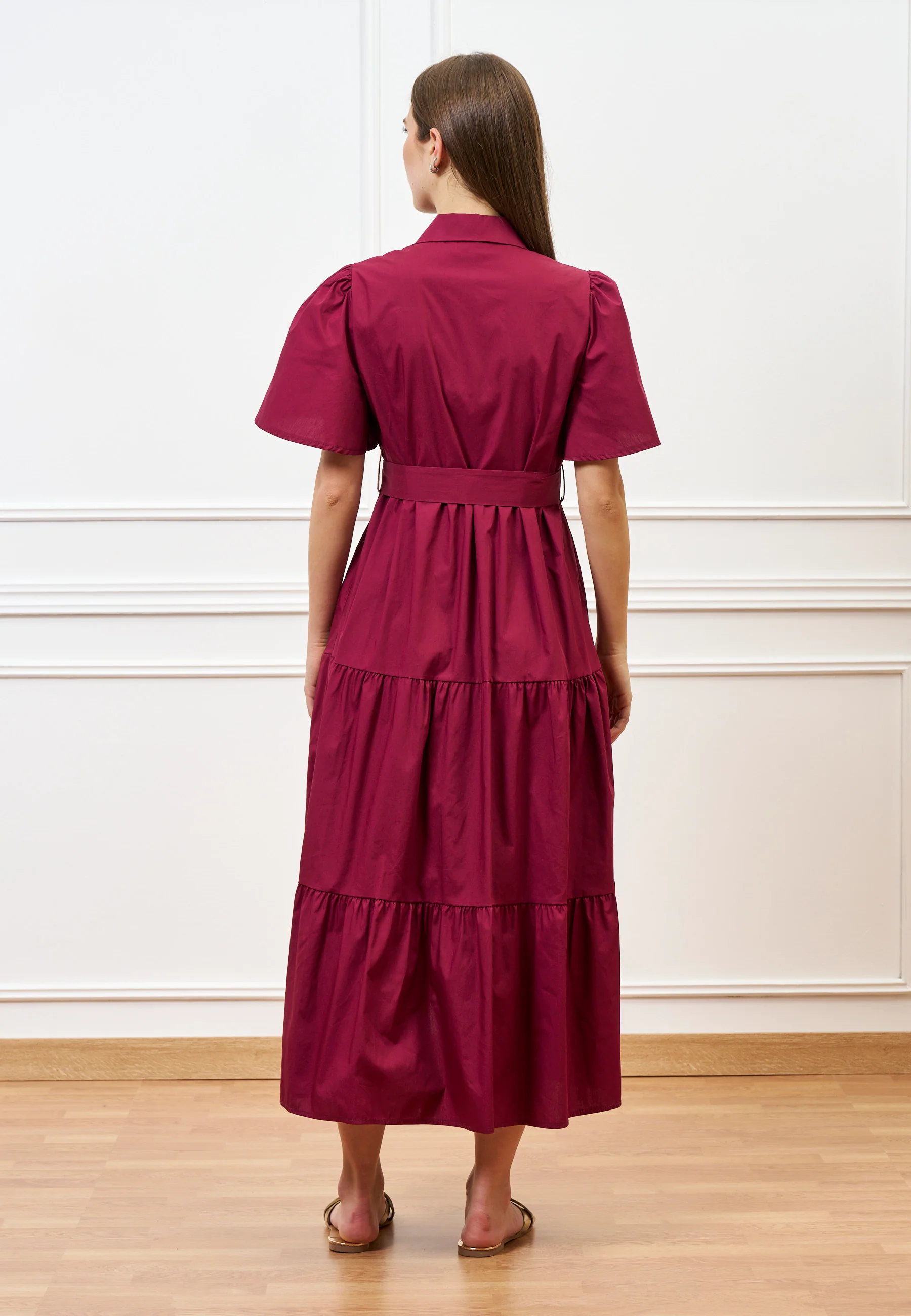 Vestito lungo chemisier in cotone - BORDEAUX - Image 5