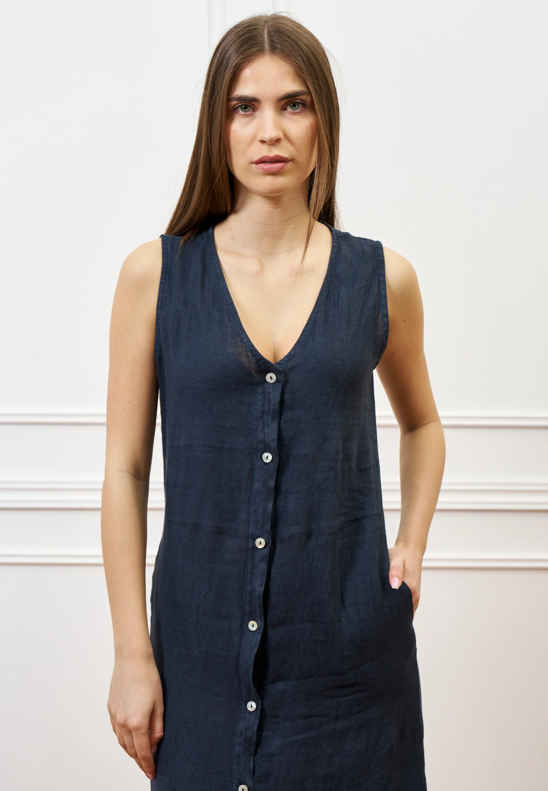 Vestito lungo con bottoni in lino - BLU - Image 3