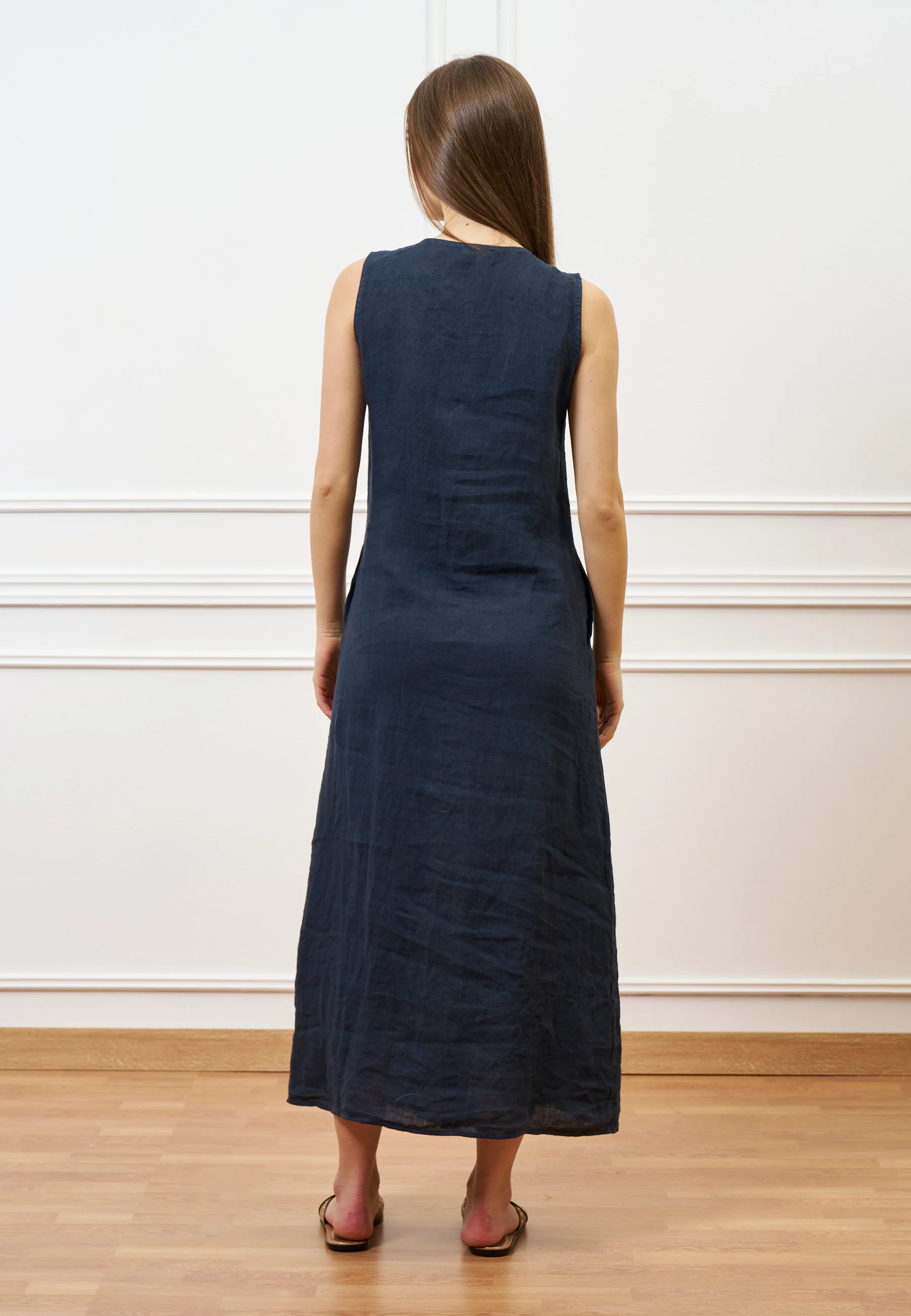 Vestito lungo con bottoni in lino - BLU - Image 5