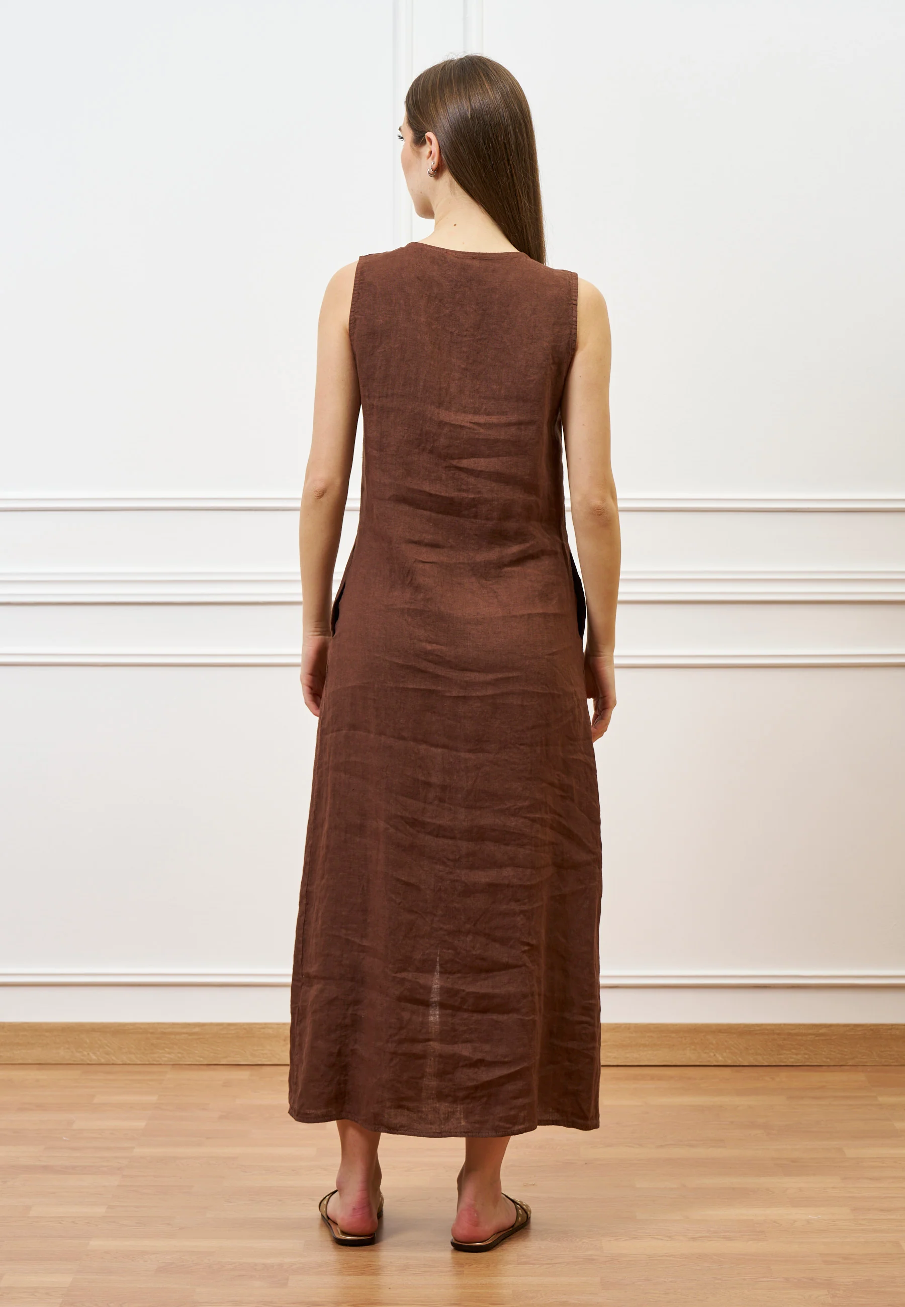 Vestito lungo con bottoni in lino - TABACCO - Image 5