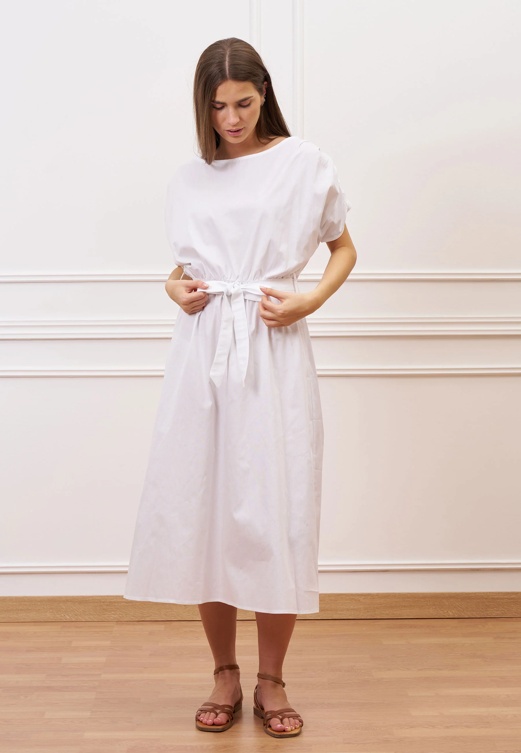 Vestito lungo con maniche arricciate - BIANCO - Image 4