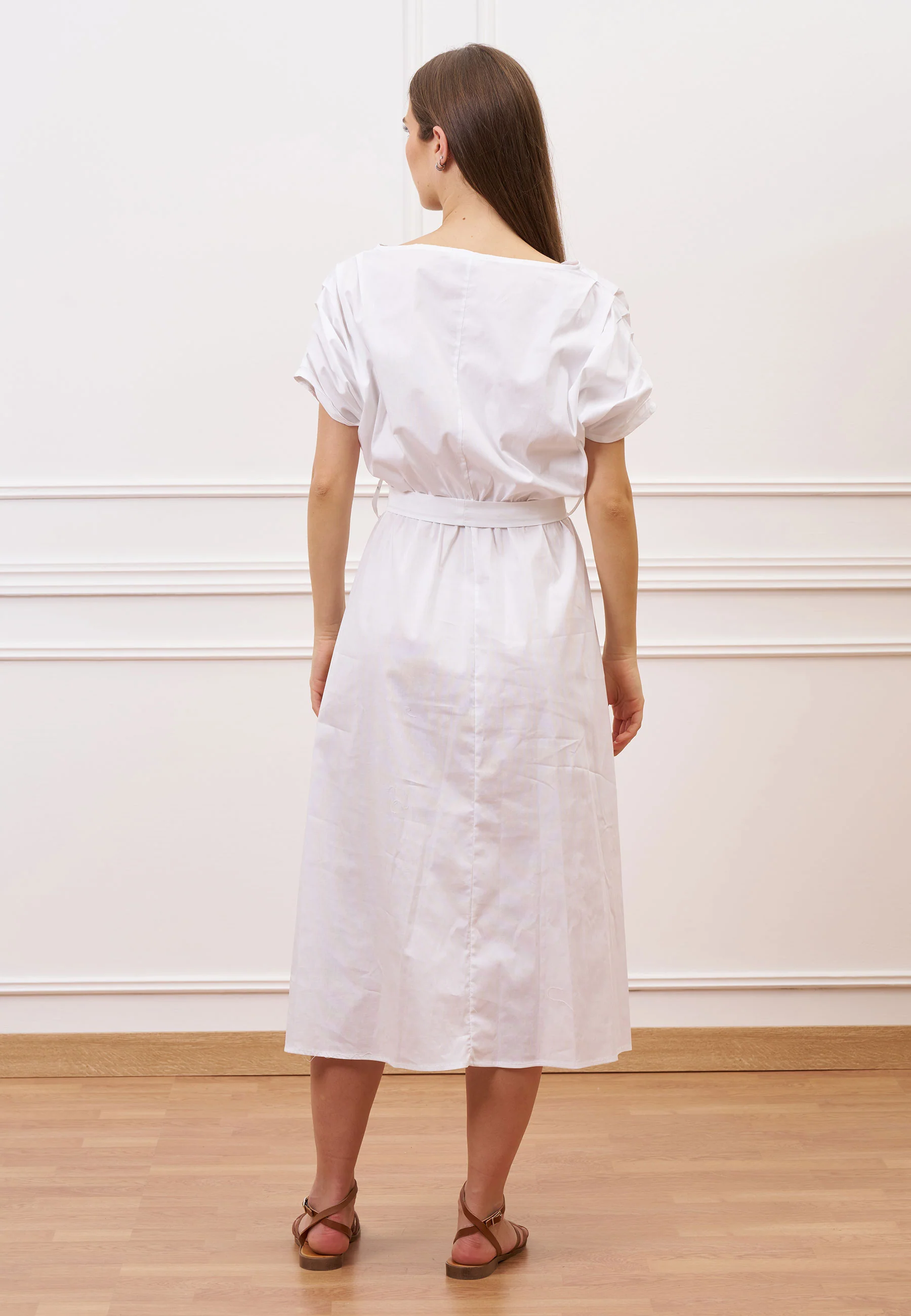 Vestito lungo con maniche arricciate - BIANCO - Image 5