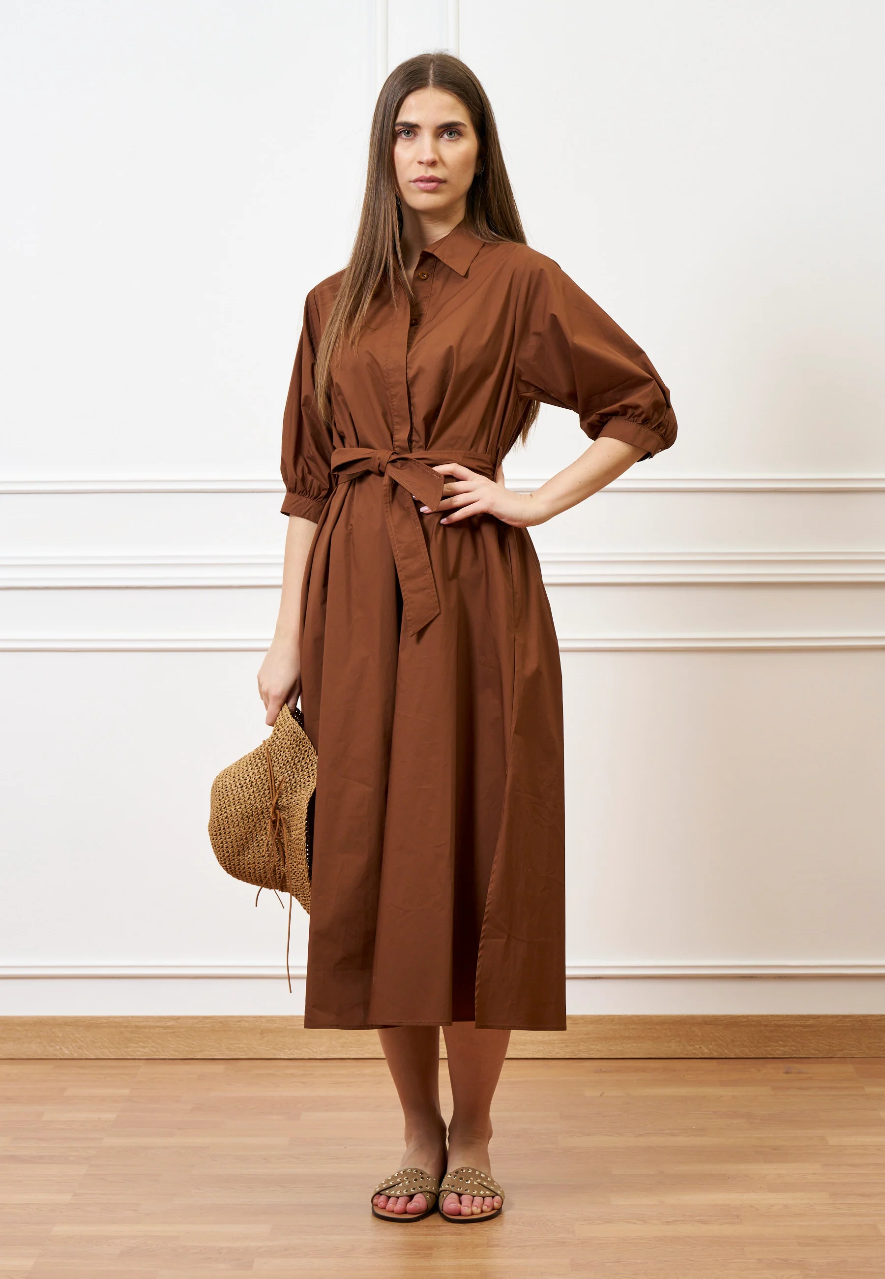 Vestito lungo in cotone - TABACCO - Image 4